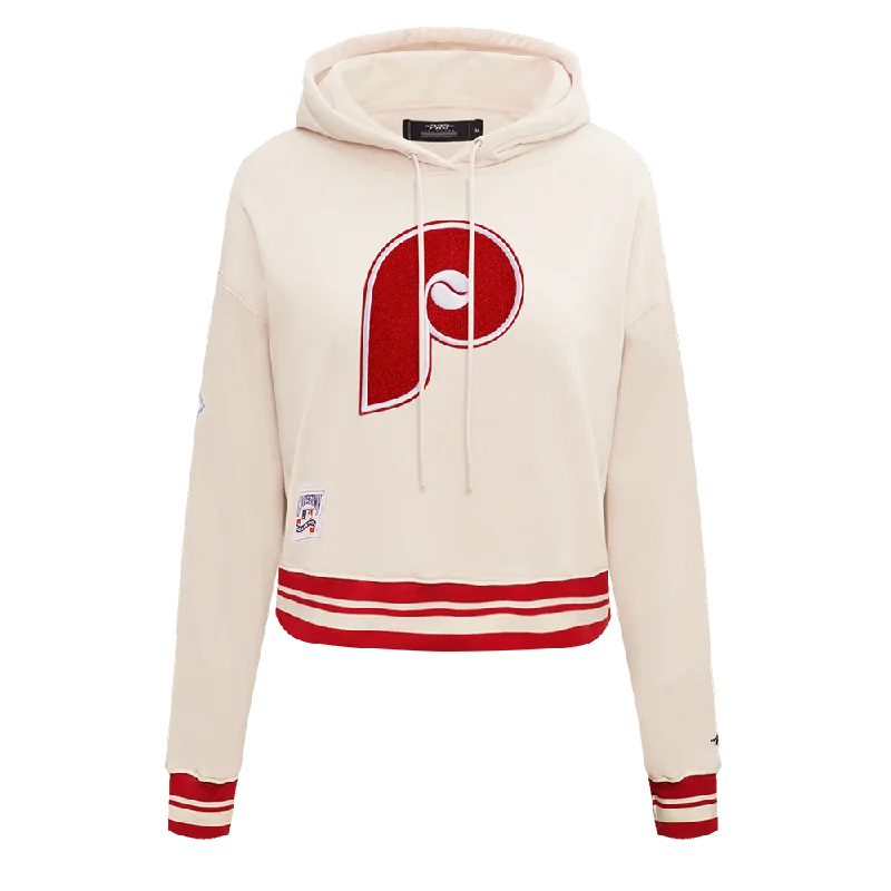 MLB PHILADELPHIA PHILLIES RETRO CLASSIC WOMEN'S CROPPED PO HOODIE (EGGSHELL/ RED)