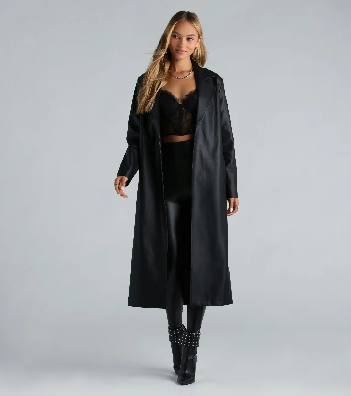 City Living Faux Leather Belted Trench Coat