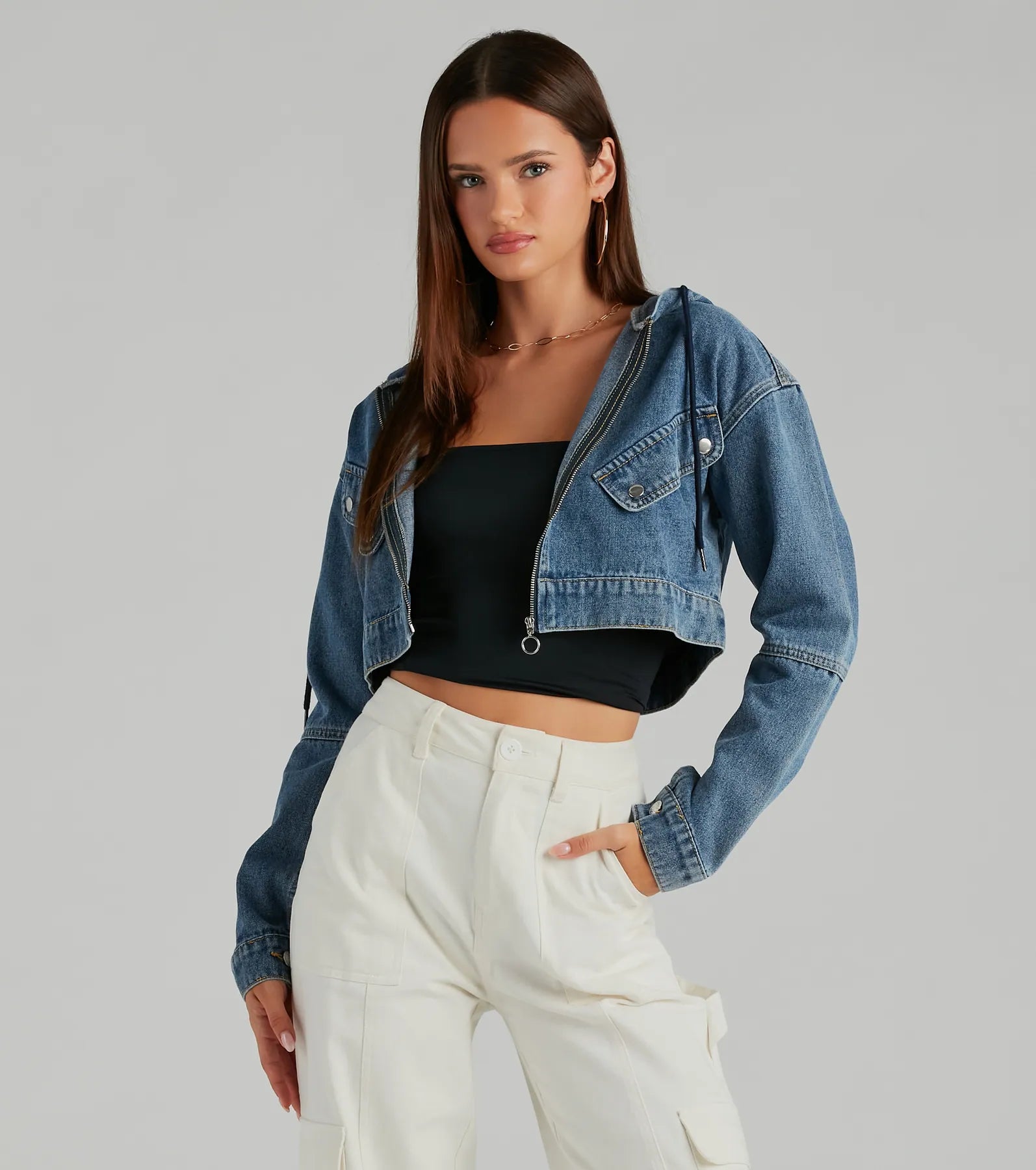 Laid Back Cool Denim Crop Hoodie