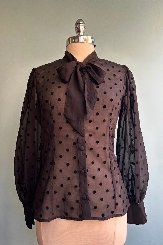 Black Flocked Dot Crepe Tie-Neck Blouse