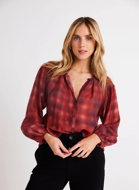 BLURRED PLAID SHIRRED NECK BLOUSE