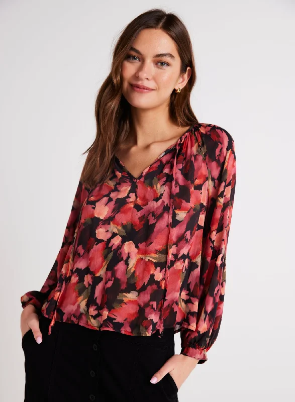 AUTUMN BLOOM SHIRRED RAGLEN TIE FRONT BLOUSE