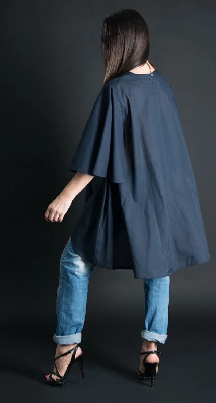 Navy Blue Cotton Shirt, Wide Tunic