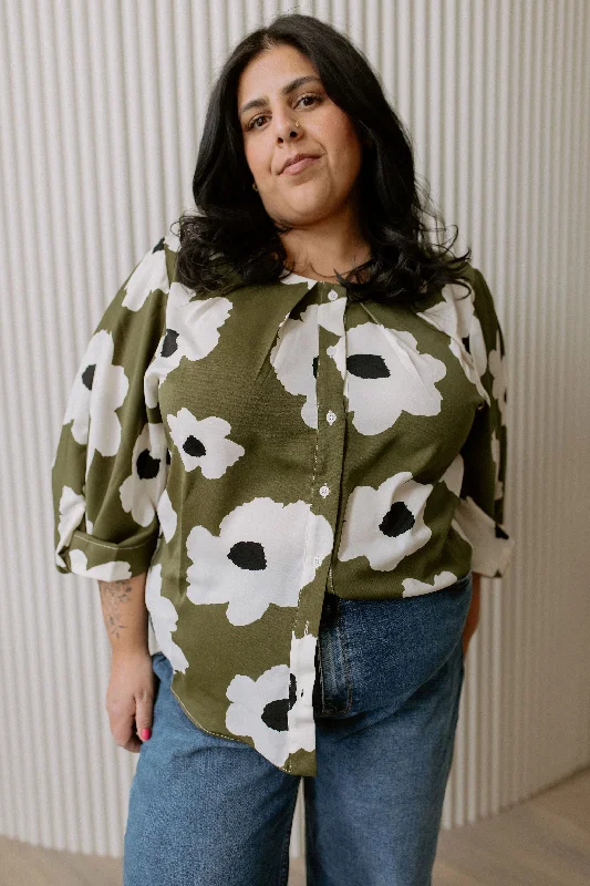 The Maude Graphic Floral Blouse - Olive - PLUS