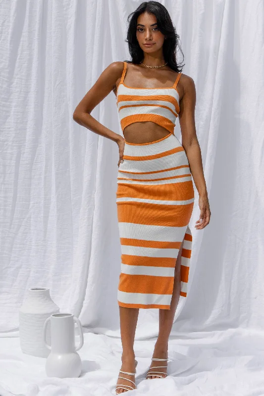 Dayana Cut-Out Waist Side Split Knit Midi Dress Striped Orange