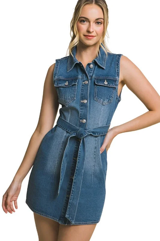 Denim Strapless Dress with Waist Tie