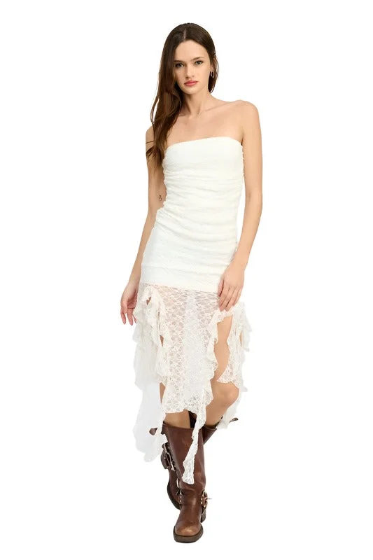 LACE TUBE DRESS WTIH RUFFLE DETAIL