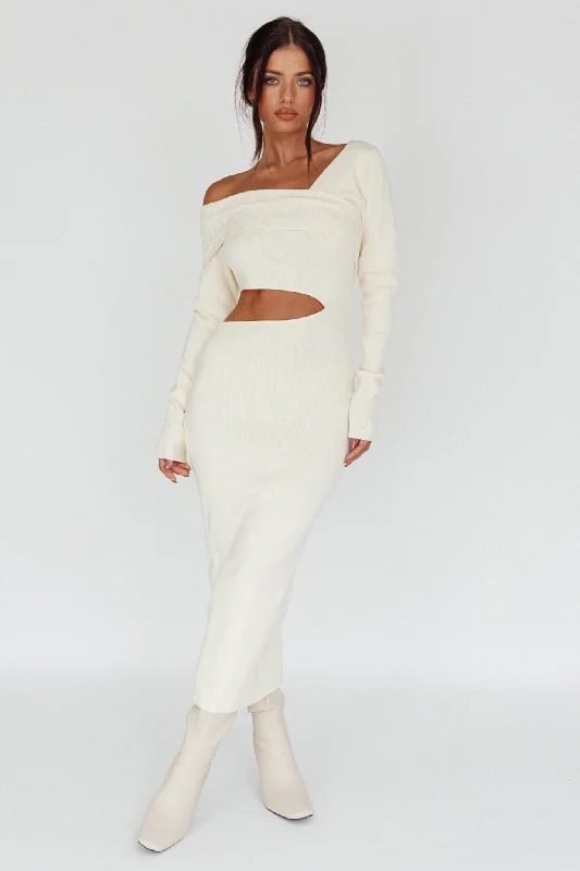 Tamar Long Sleeve One-Shoulder Midi Dress Cream